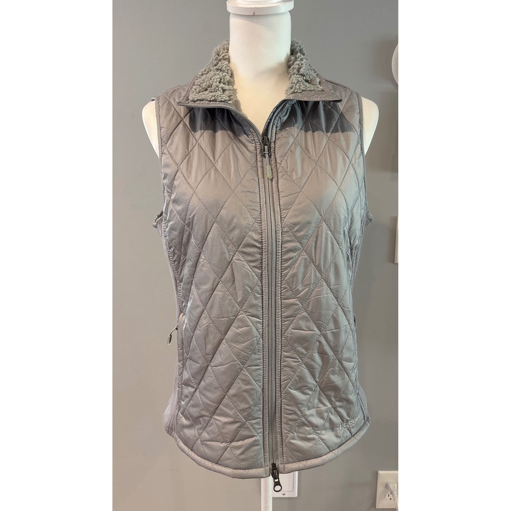 LL Bean Womens Gray Silver Diamond Quilted Vest Full Zip Medium Petite